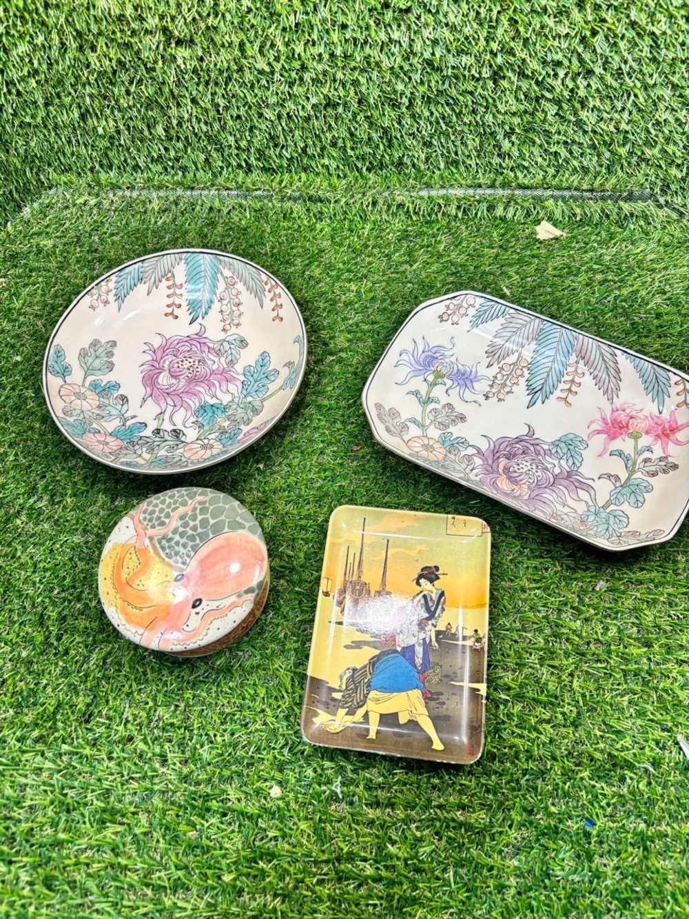 Vintage Asian Decor Lot Macau Porcelain Octopus Box Japanese Tray 4 Pc Rare